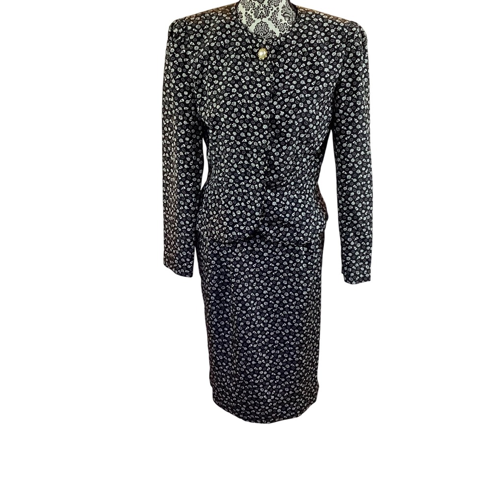 Vintage Andrea Gayle Floral Dress Suit Set Size 10 Black White Pearl Button - Picture 2 of 12
